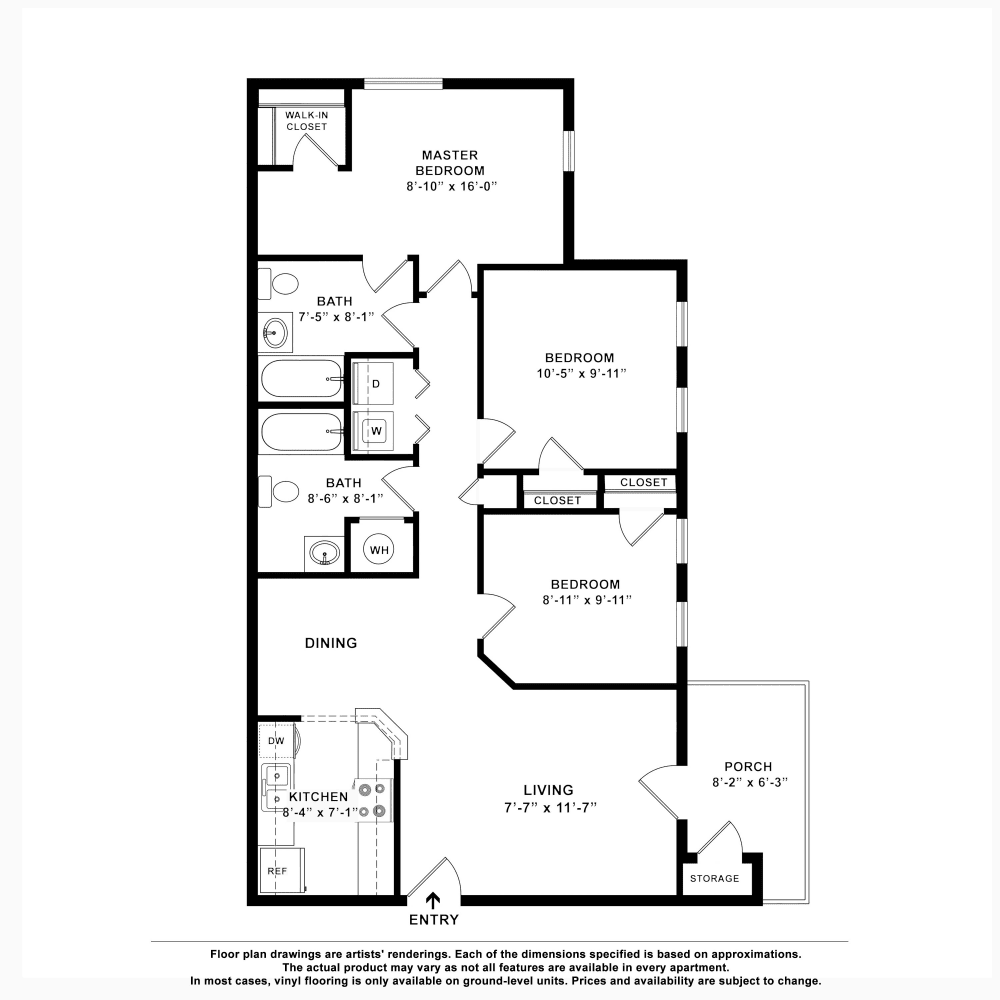 3x2 floor plan drawing at The Cove at Cloud Springs Apartment Homes in Fort Oglethorpe, Georgia