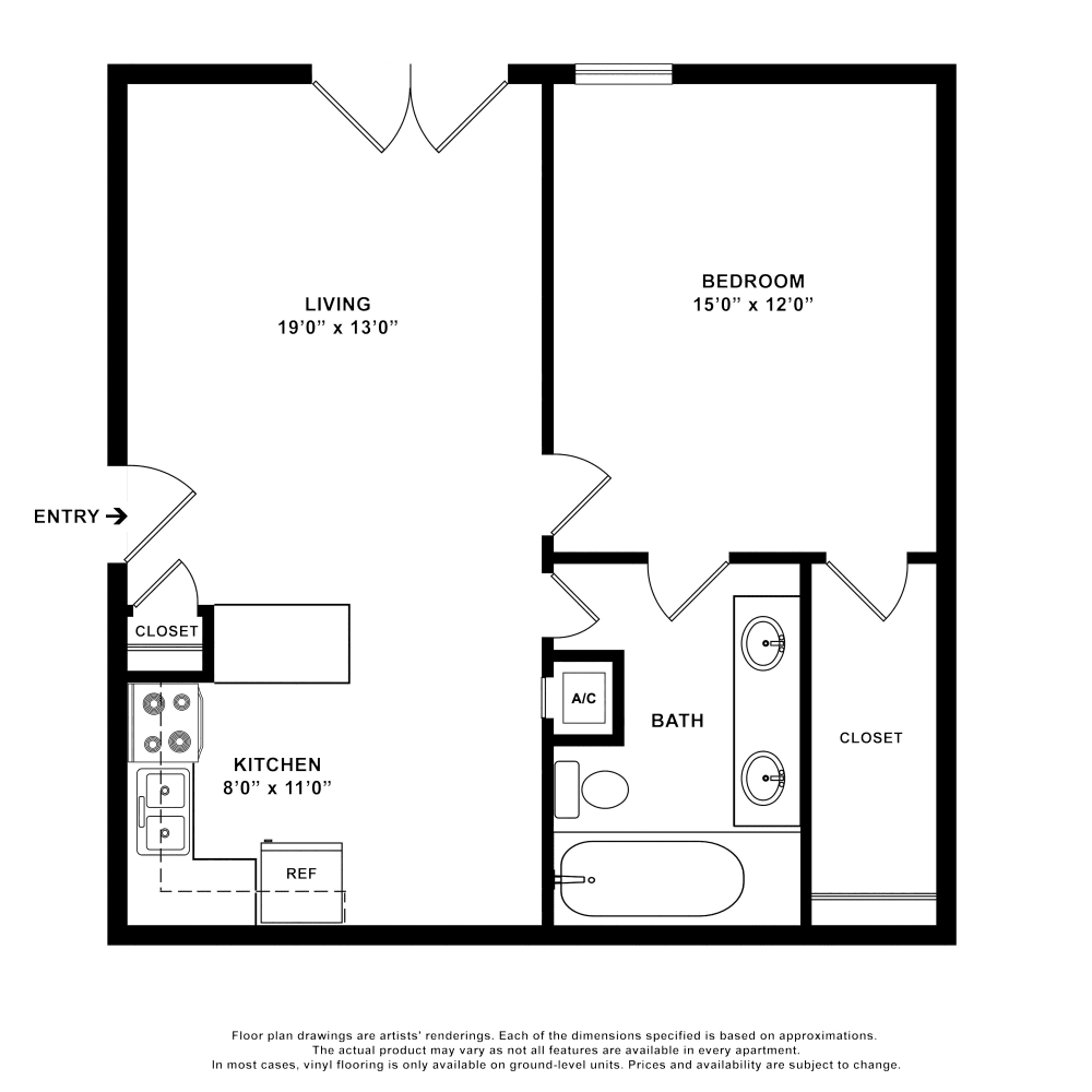 1x1 floor plan drawing at Country Oaks Apartments in Hixson, Tennessee