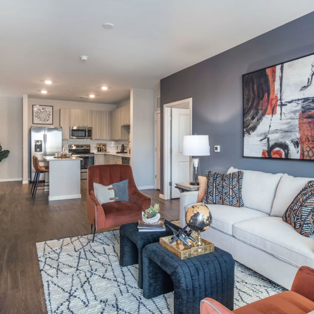 Living room with comfortable furniture at Boulders Lakeview in North Chesterfield, Virginia