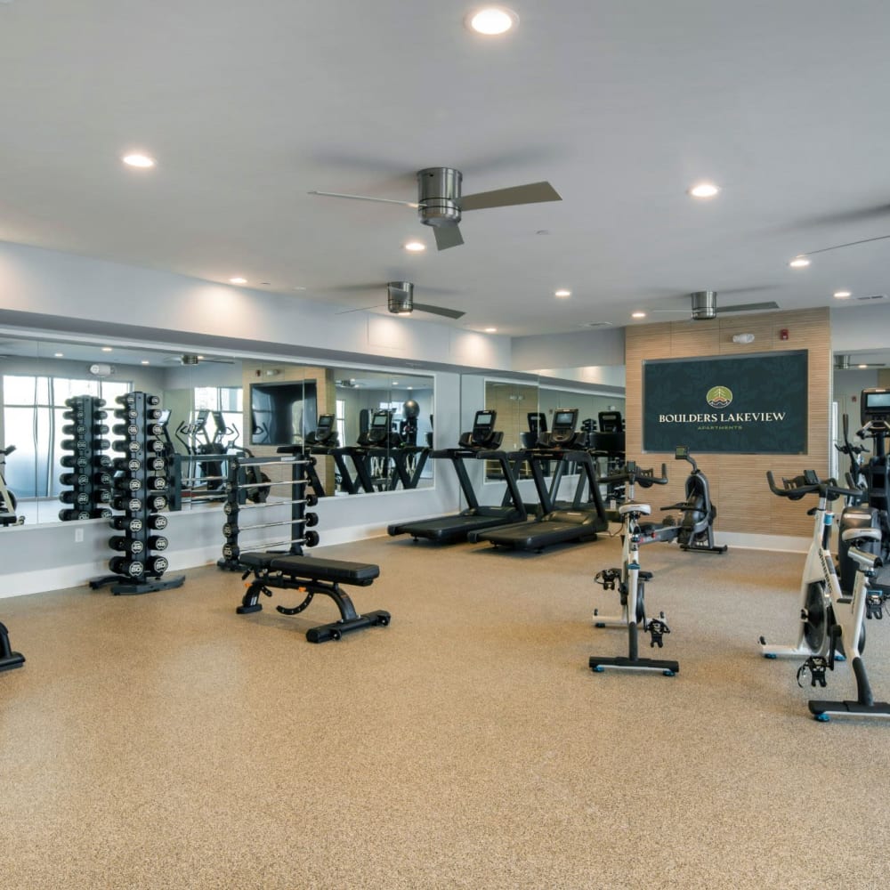 Huge fitness center at Boulders Lakeview in North Chesterfield, Virginia