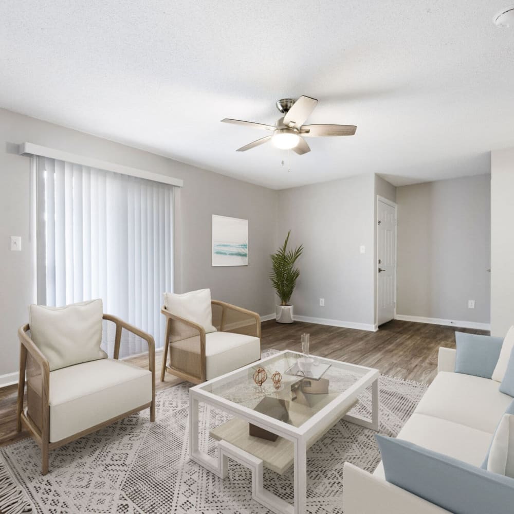 Model apartment living room at The Onyx in Huntsville, Alabama