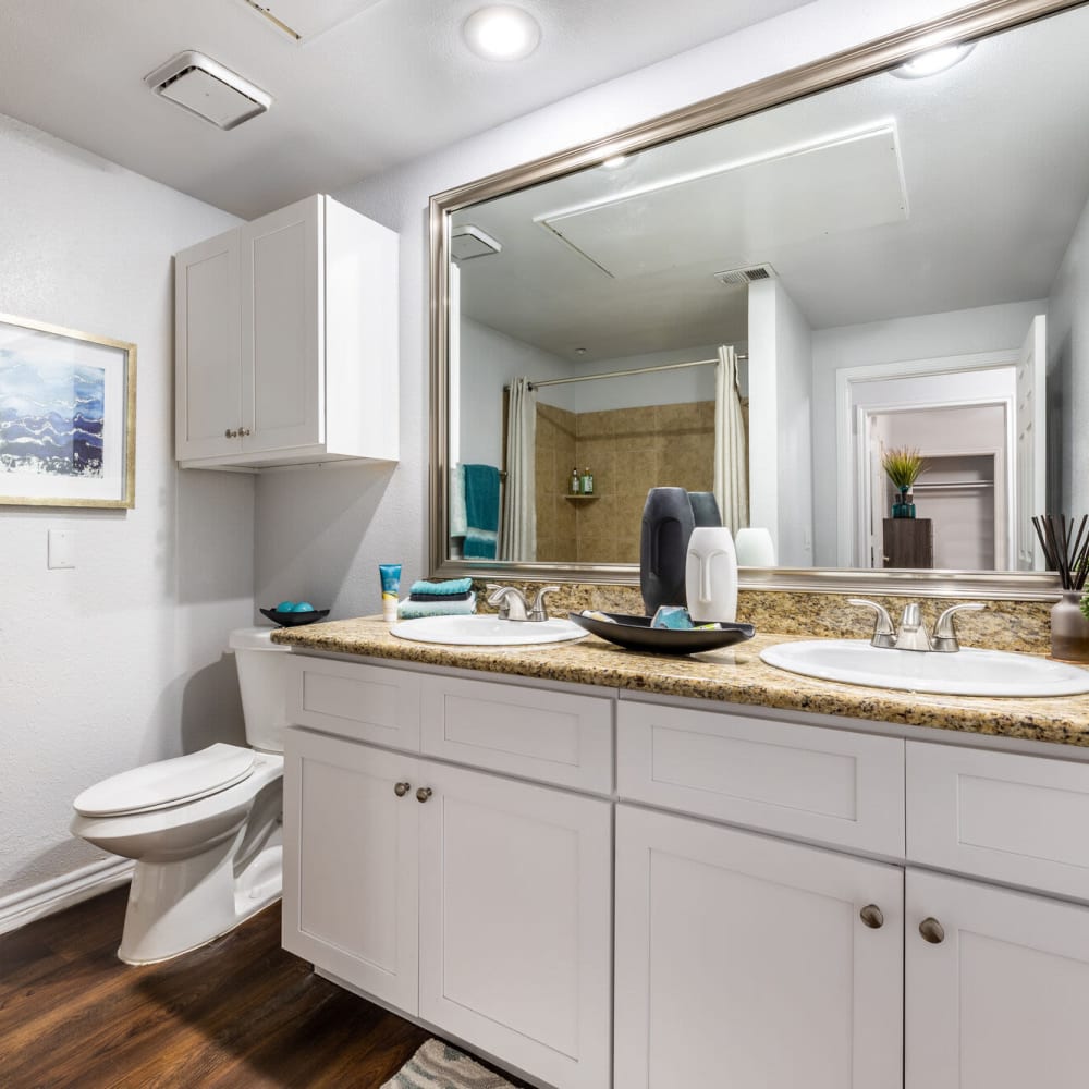 Clean and modern bathroom with wood-style flooring at Lakebridge Apartments in Houston, Texas