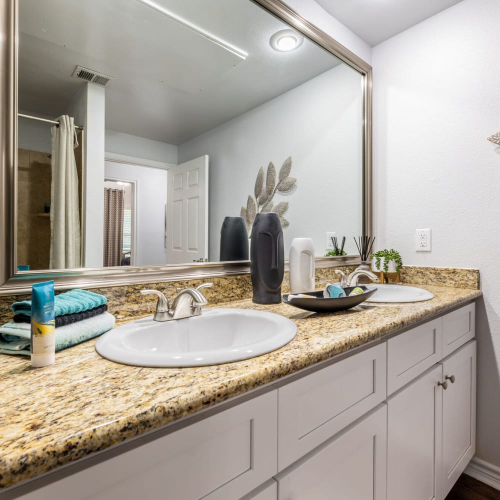 Bathroom with lots of counter space at Lakebridge Apartments in Houston, Texas