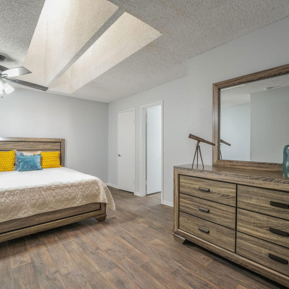 Resident bedroom with skylights at Lakebridge Townhomes in Houston, Texas