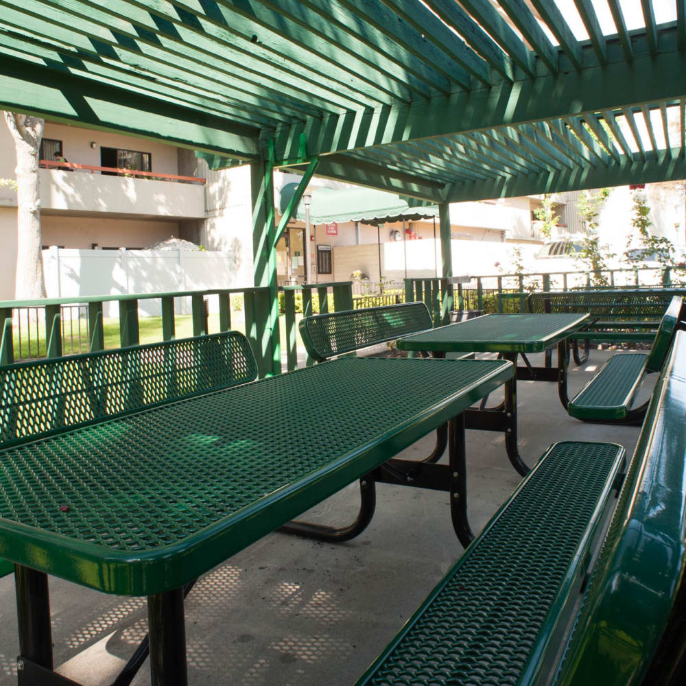 Covered outdoor picnic tables at Miramar Towers in Los Angeles, California
