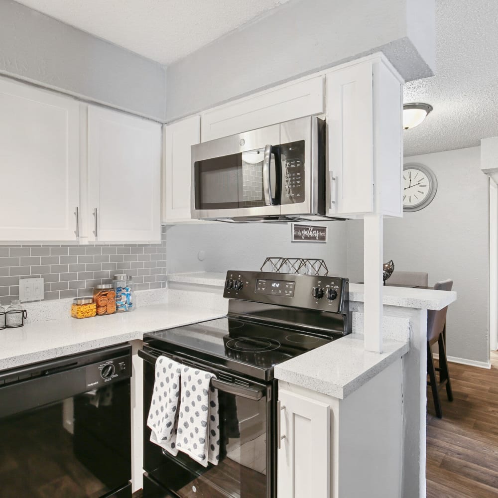Kitchen with stainless-steel appliances at The District on Collins in Arlington, Texas