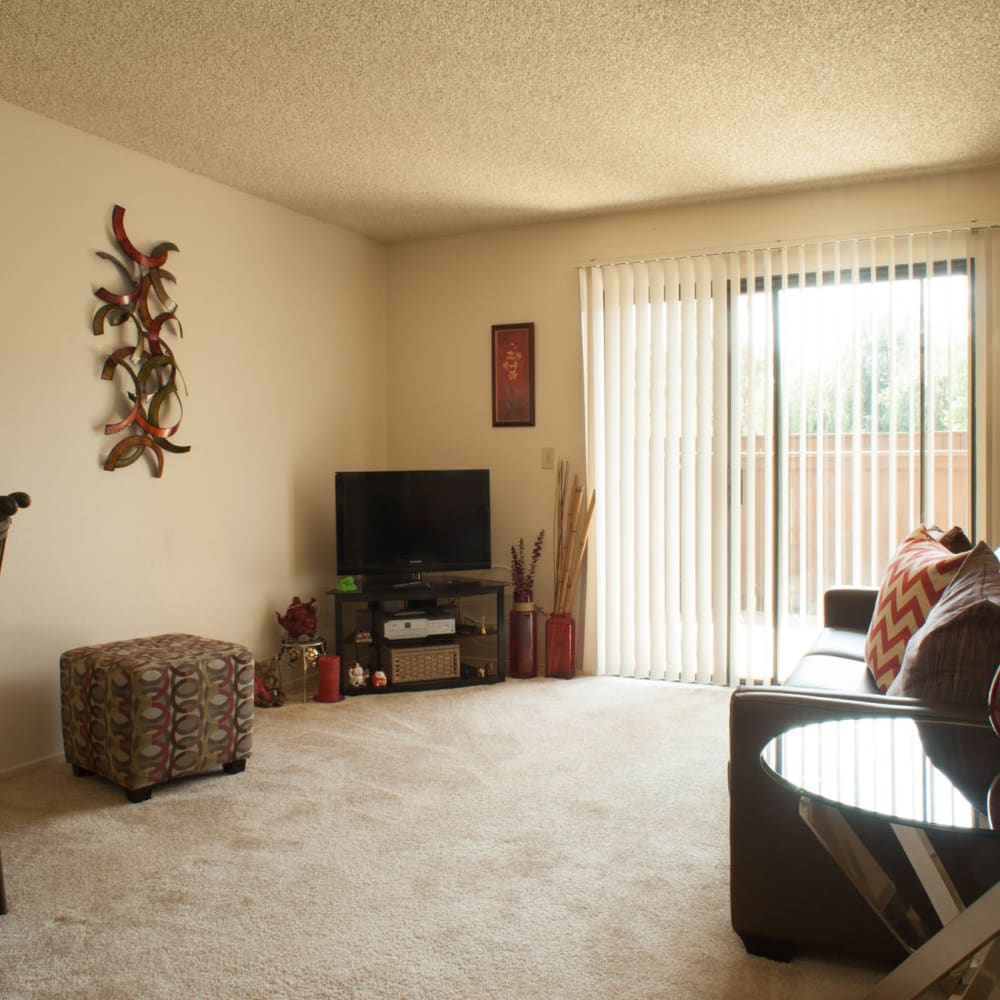 Model living room with soft carpet at The Grove in Ontario, California