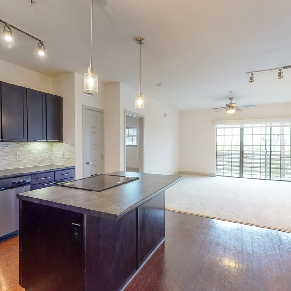 Open concept kitchen and living room with large windows at Bellrock Bishop Arts in Dallas, Texas