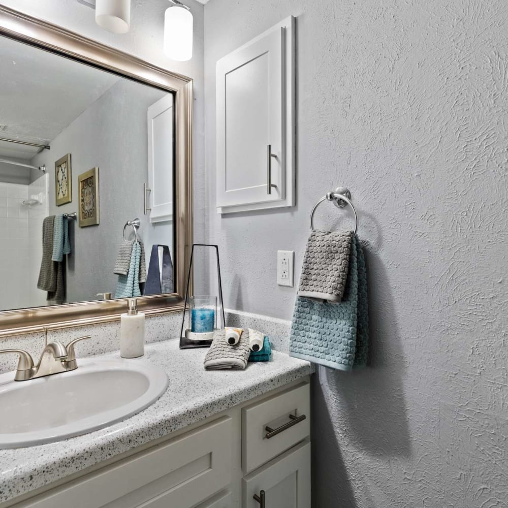 Bathroom with solid counter space at The Haven on Chisholm Trail in Fort Worth, Texas