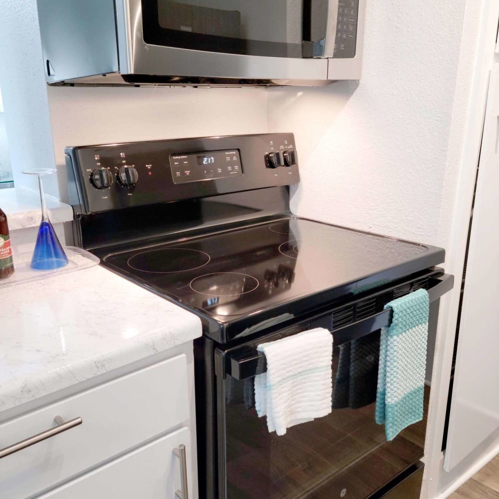 Kitchen with stove and plenty of counter space at Carrara at Cypress Creek in Spring, Texas