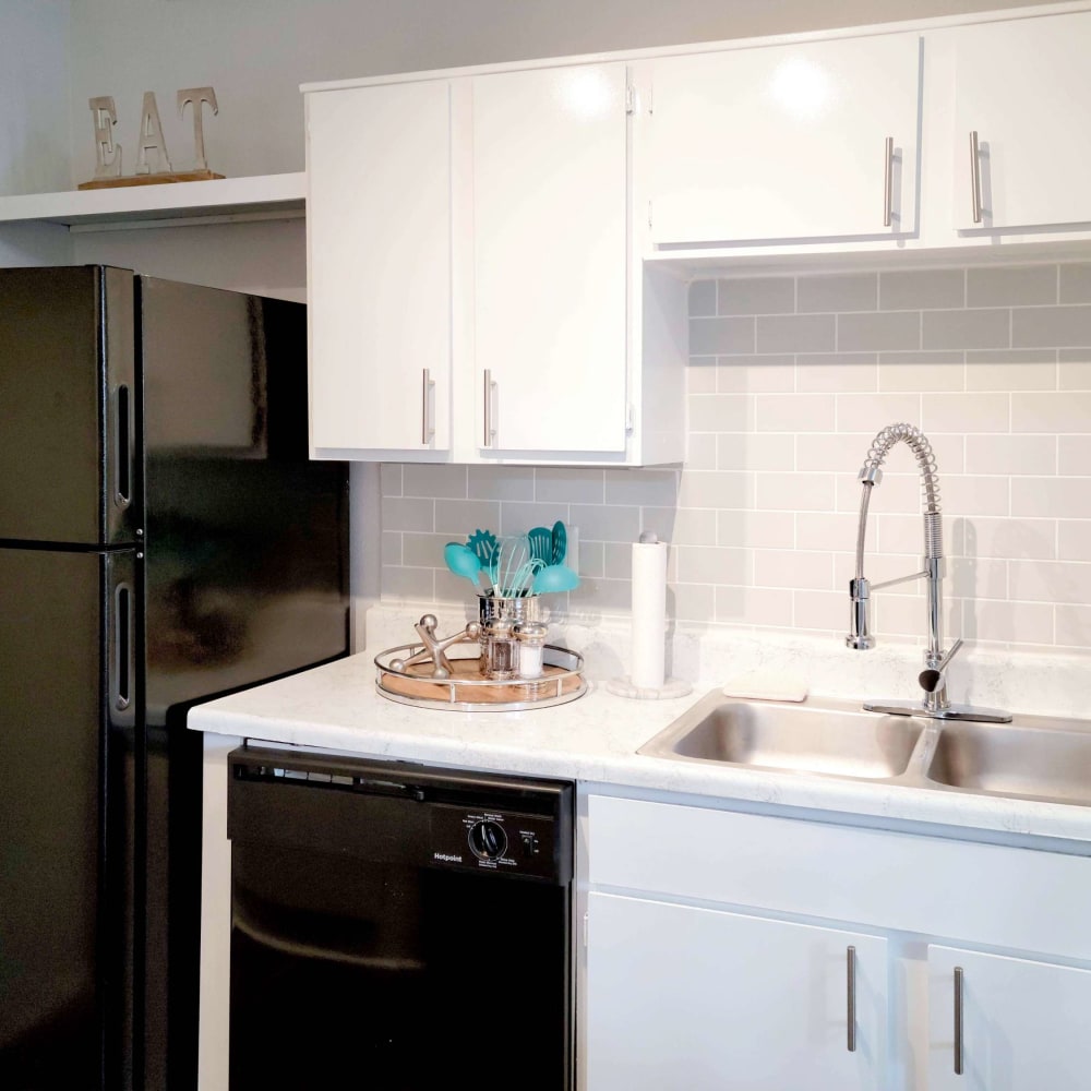 Modern kitchen with black appliances and a dishwasher at Carrara at Cypress Creek in Spring, Texas