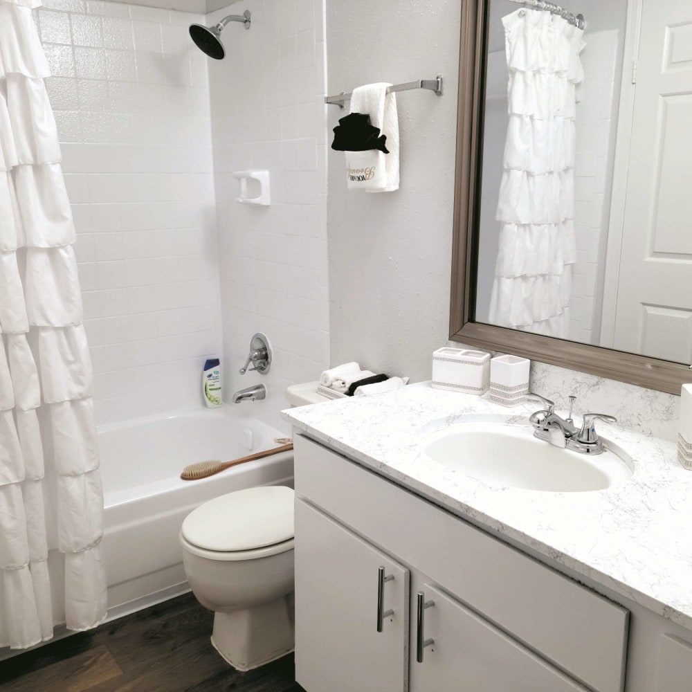 Resident bathroom with ample lighting at Carrara at Cypress Creek in Spring, Texas