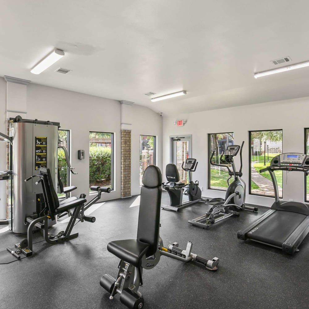 Fitness center with cardio machines at The Hub at Chisolm Trail in Fort Worth, Texas