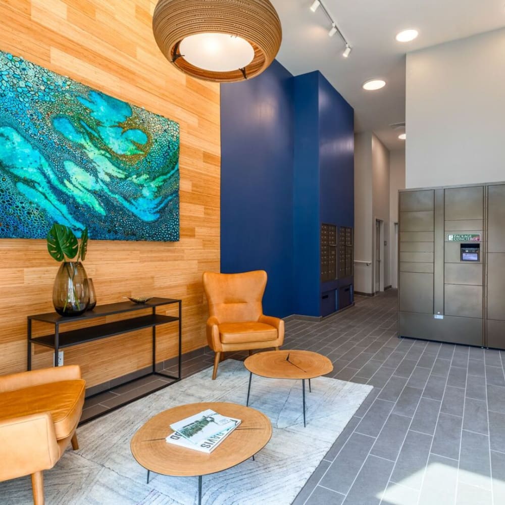 Lobby area with wood accents at Metro Green Court in Stamford, Connecticut