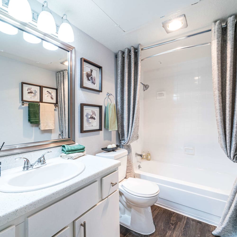 Bright and clean bathroom with wood-style flooring at The Edge at Clear Lake in Webster, Texas