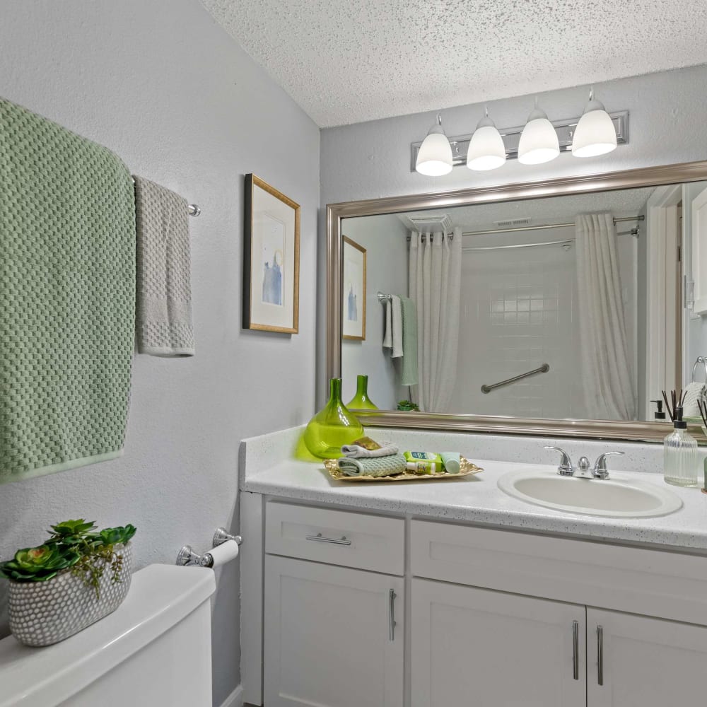 Clean bathroom with ample lighting at The Hampton on Jupiter in Dallas, Texas