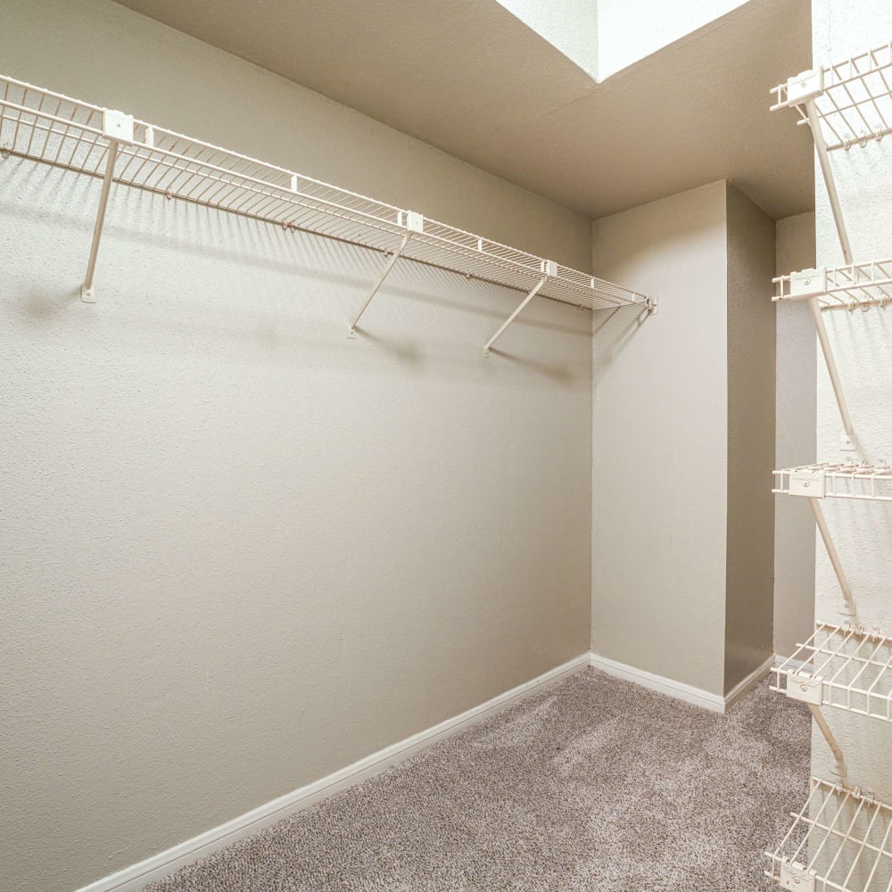 Spacious carpeted walk-in closet at The Madison on the Lake in Houston, Texas