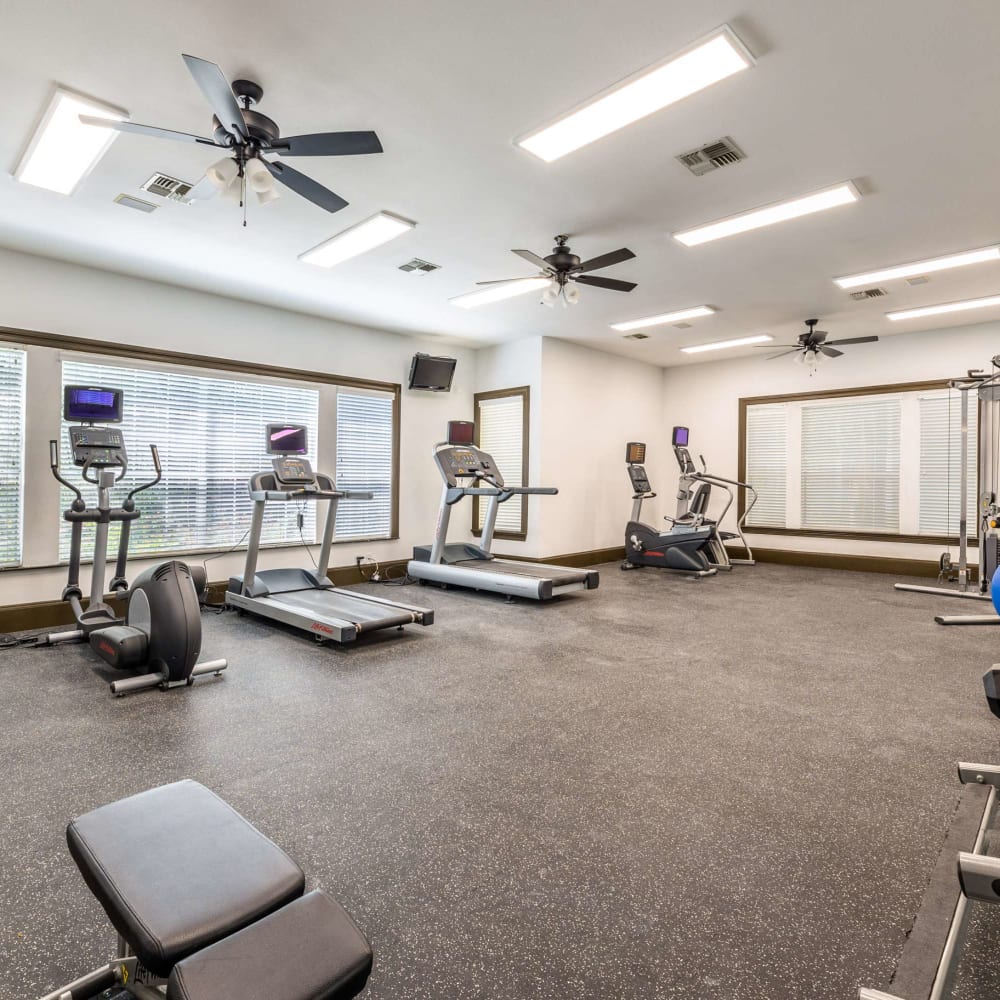 Large fitness center with ceiling fans at The Pines on Spring Rain in Spring, Texas