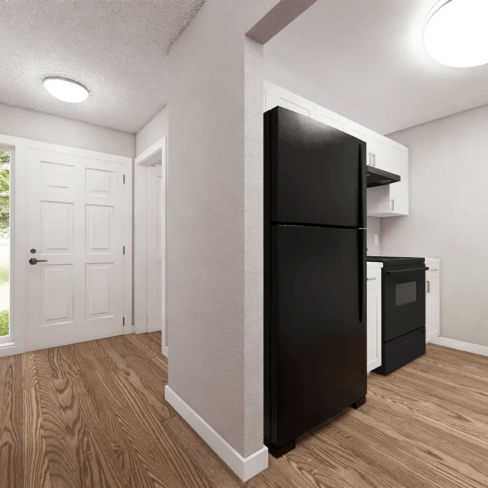 Render of a kitchen and hallway in a model home at The Cordelia in Fort Walton Beach, Florida
