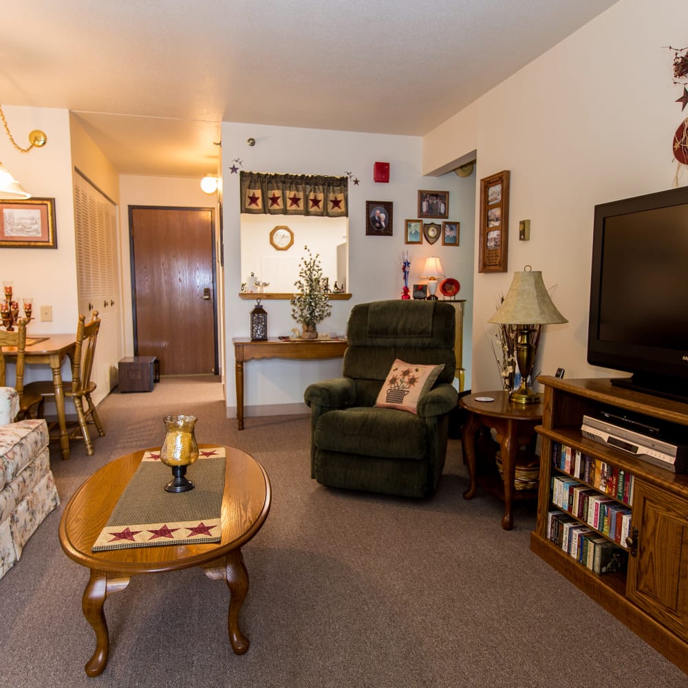 Model living room with carpet at Connellsville Towers in Connellsville, Pennsylvania