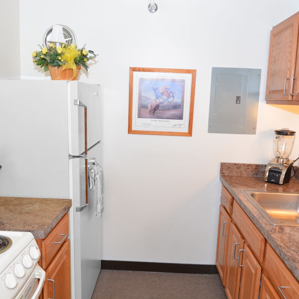 Model kitchen with white walls at Buckeye Towers in New Boston, Ohio