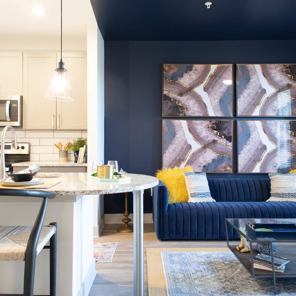 An open-concept apartment layout at Foundry Yards in Birmingham, Alabama