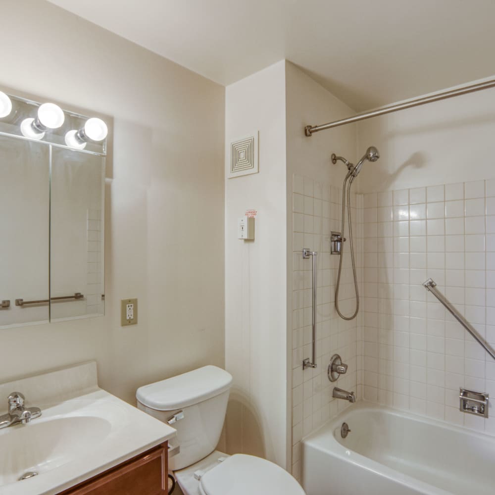 Model bathroom with a large shower at Village Center in Detroit, Michigan