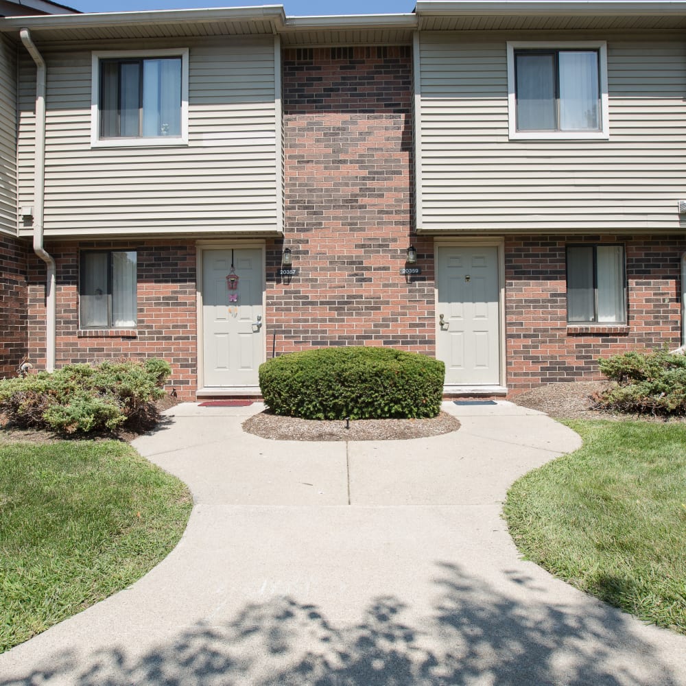 Exterior walkway for residents at Plymouth Square Village in Detroit, Michigan