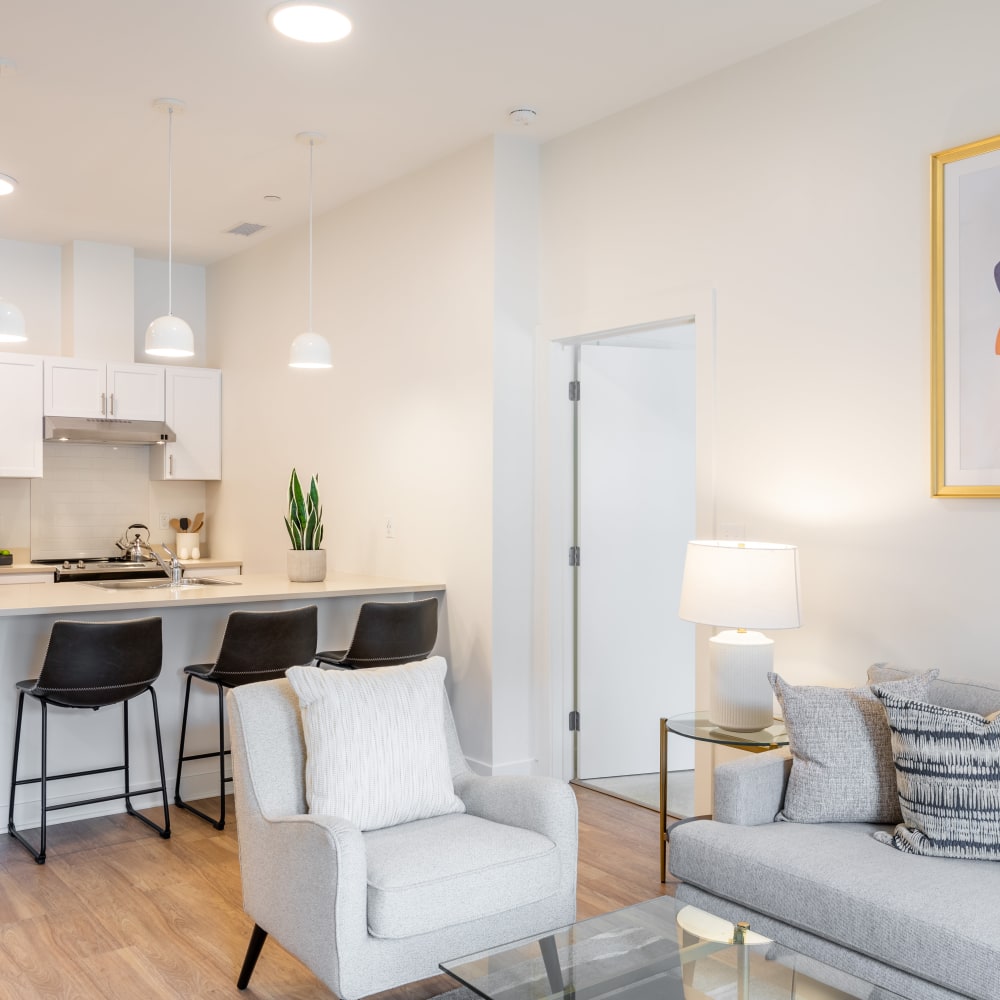 Model living space looking towards kitchen at Metro Green Court in Stamford, Connecticut