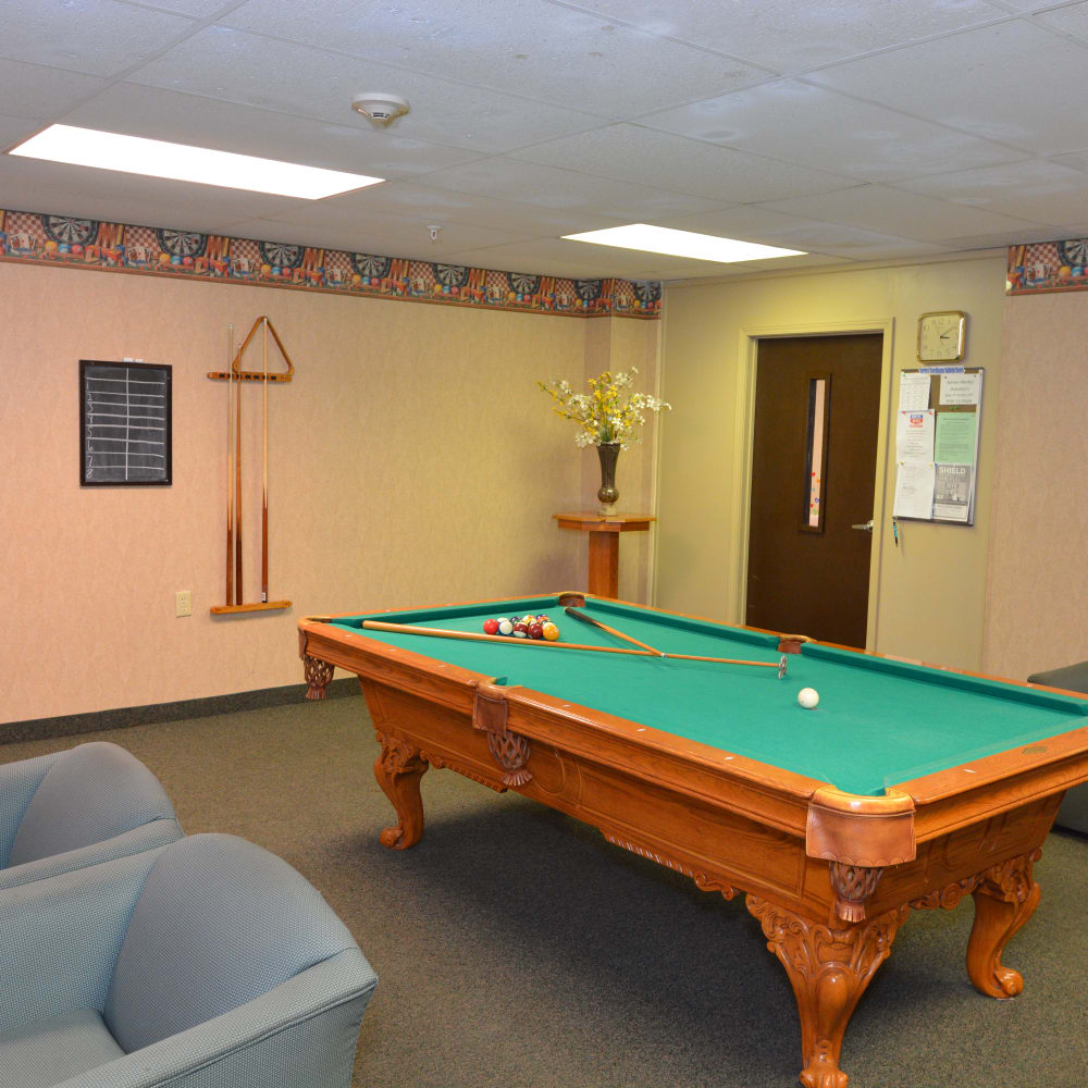 Pool table in the community lounge at Canton Towers in Canton, Ohio