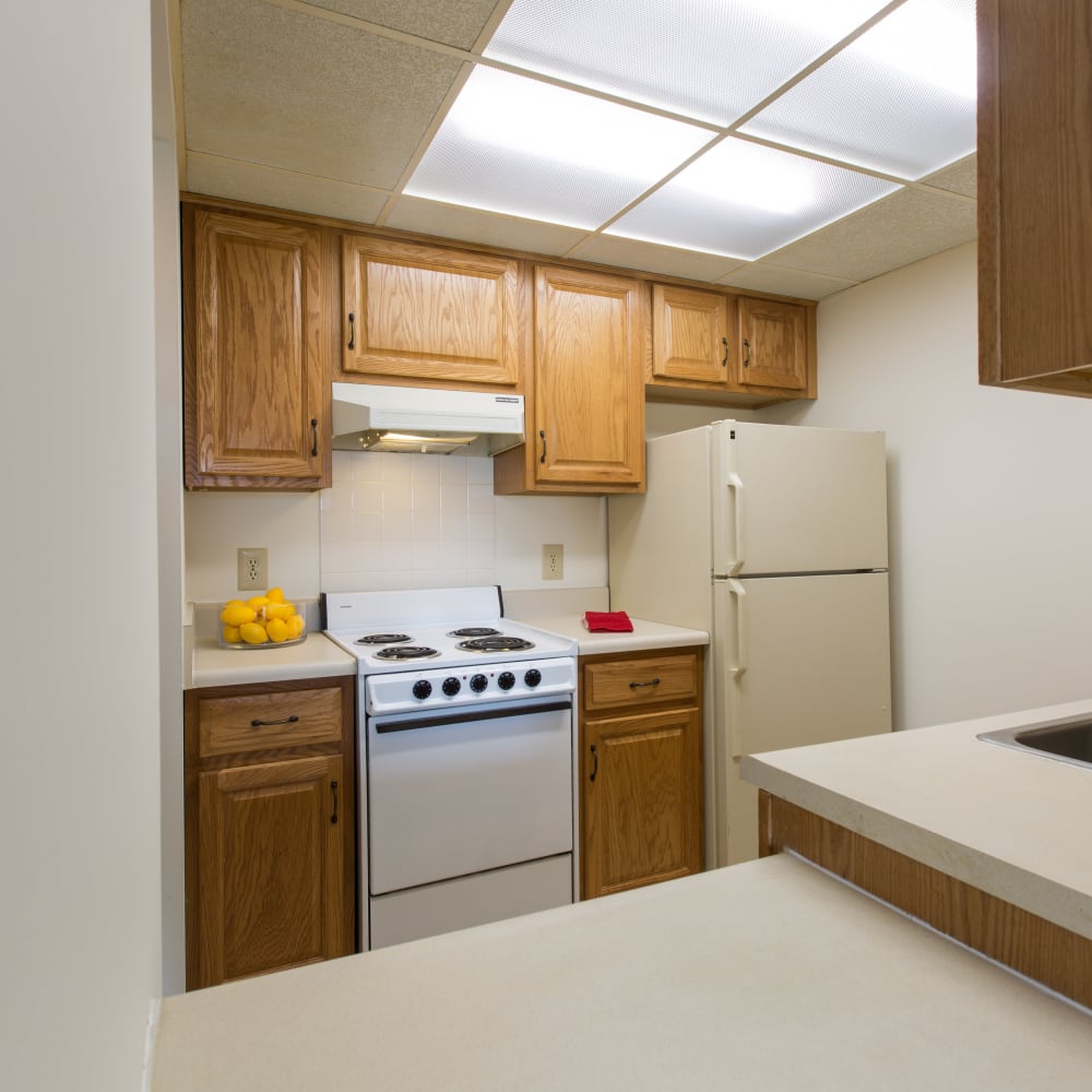 Fully equipped kitchen with natural wood cabinets at North Port Village in Port Huron, Michigan