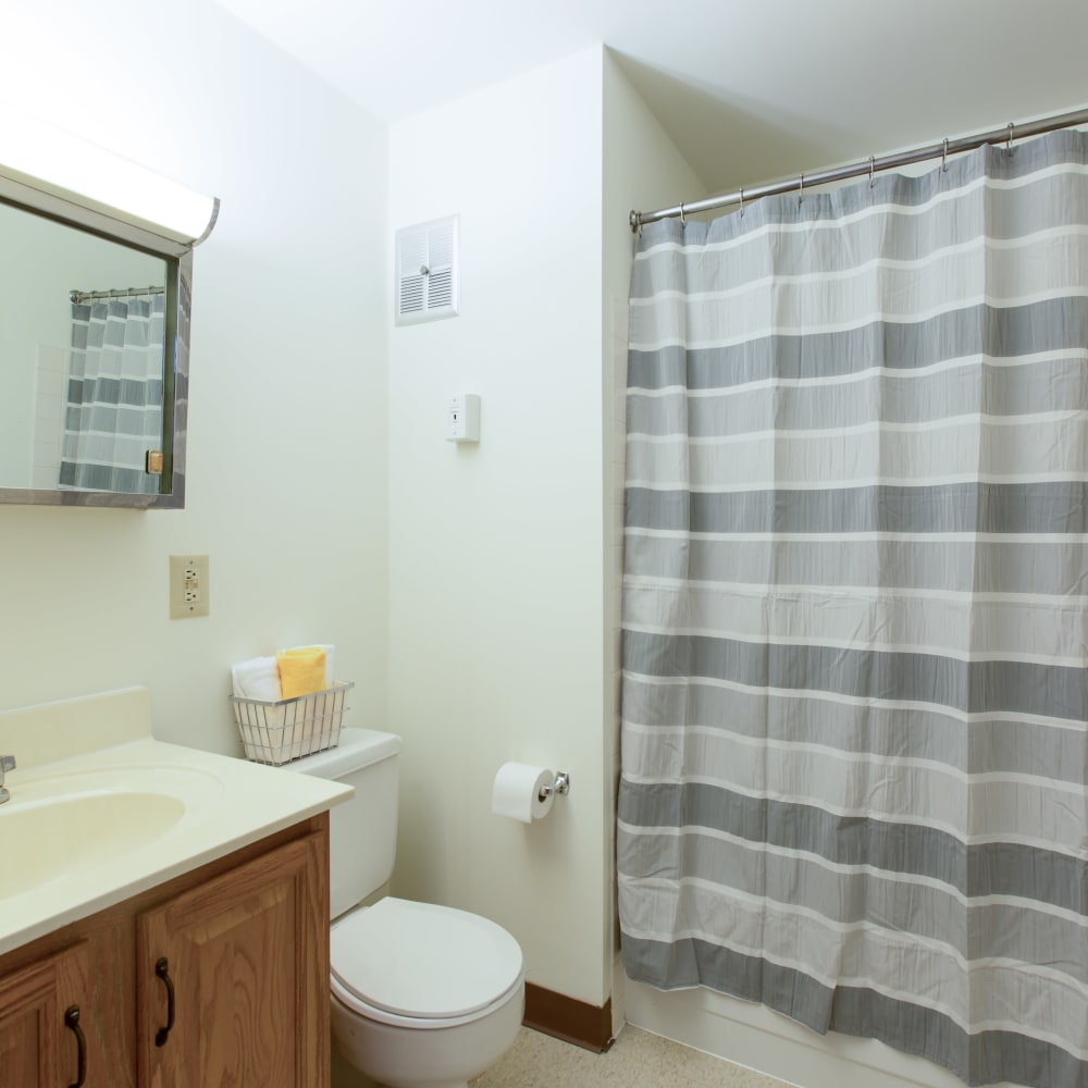 Bathroom with a tub/shower combination in a model home at North Port Village in Port Huron, Michigan