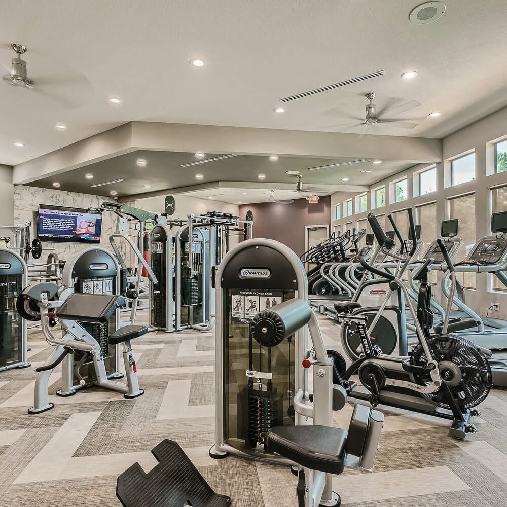 Fitness center and gym machines up at Discovery at Kingwood in Kingwood, Texas