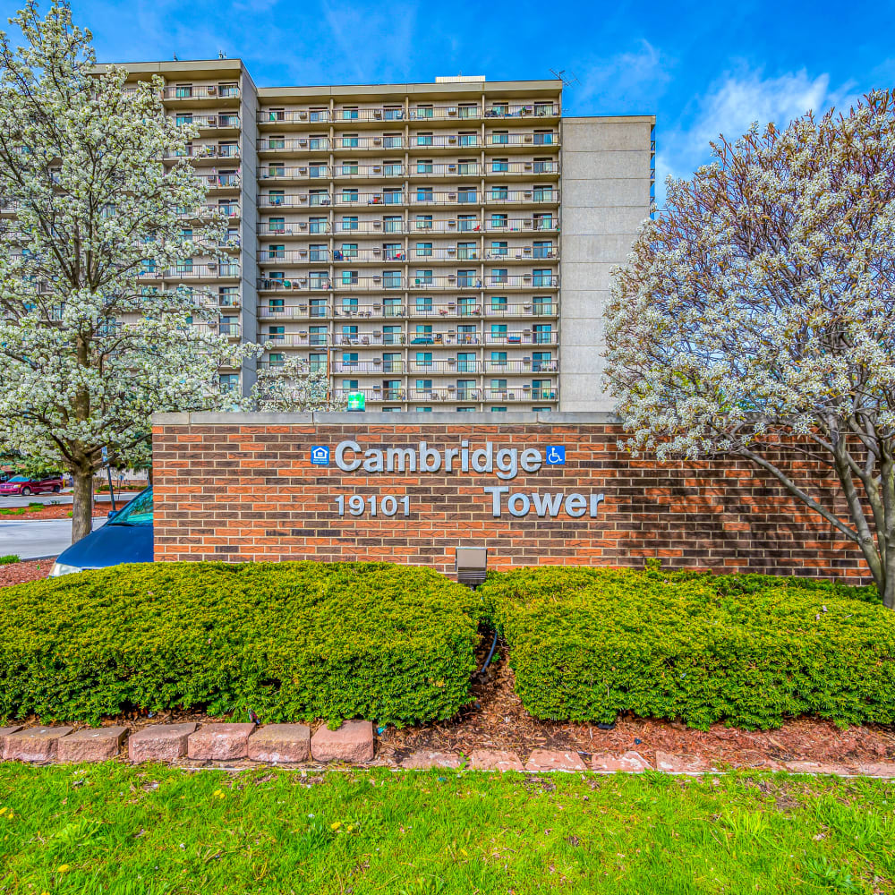 Front entrance sign at Cambridge Towers in Detroit, Michigan