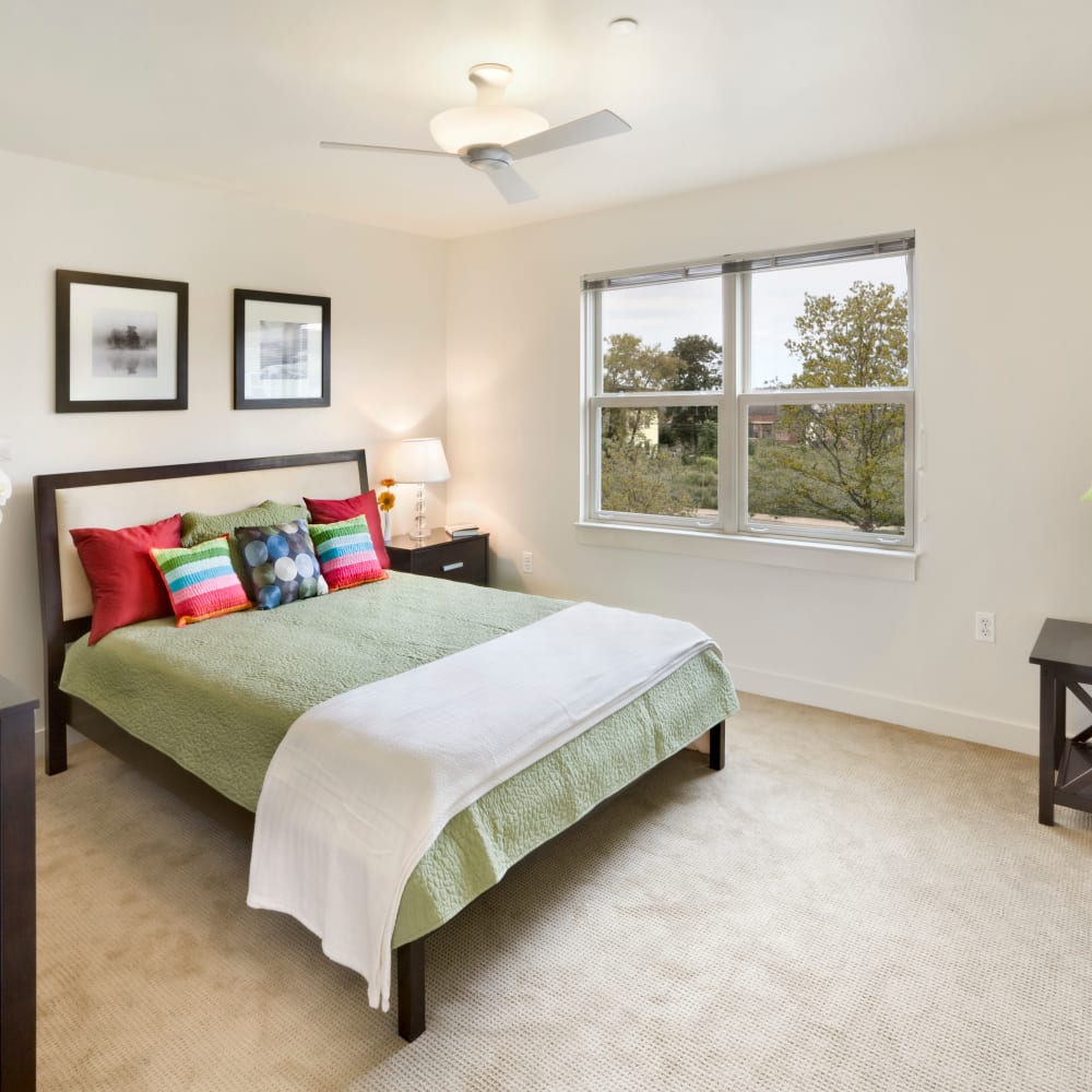 Model bedroom with soft carpet at Metro Green Apartments in Stamford, Connecticut