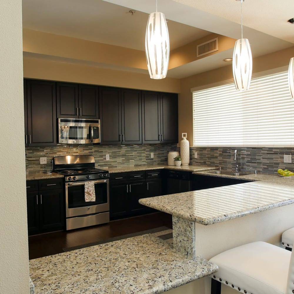 Kitchen with stainless-steel appliances at Vineyard Gate Apartments in Roseville, California