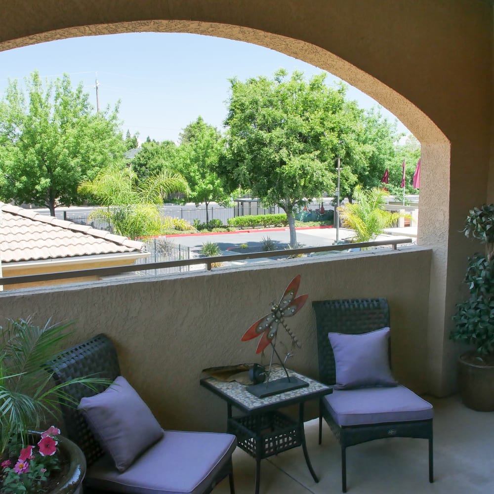 Balcony seating at Vineyard Gate Apartments in Roseville, California
