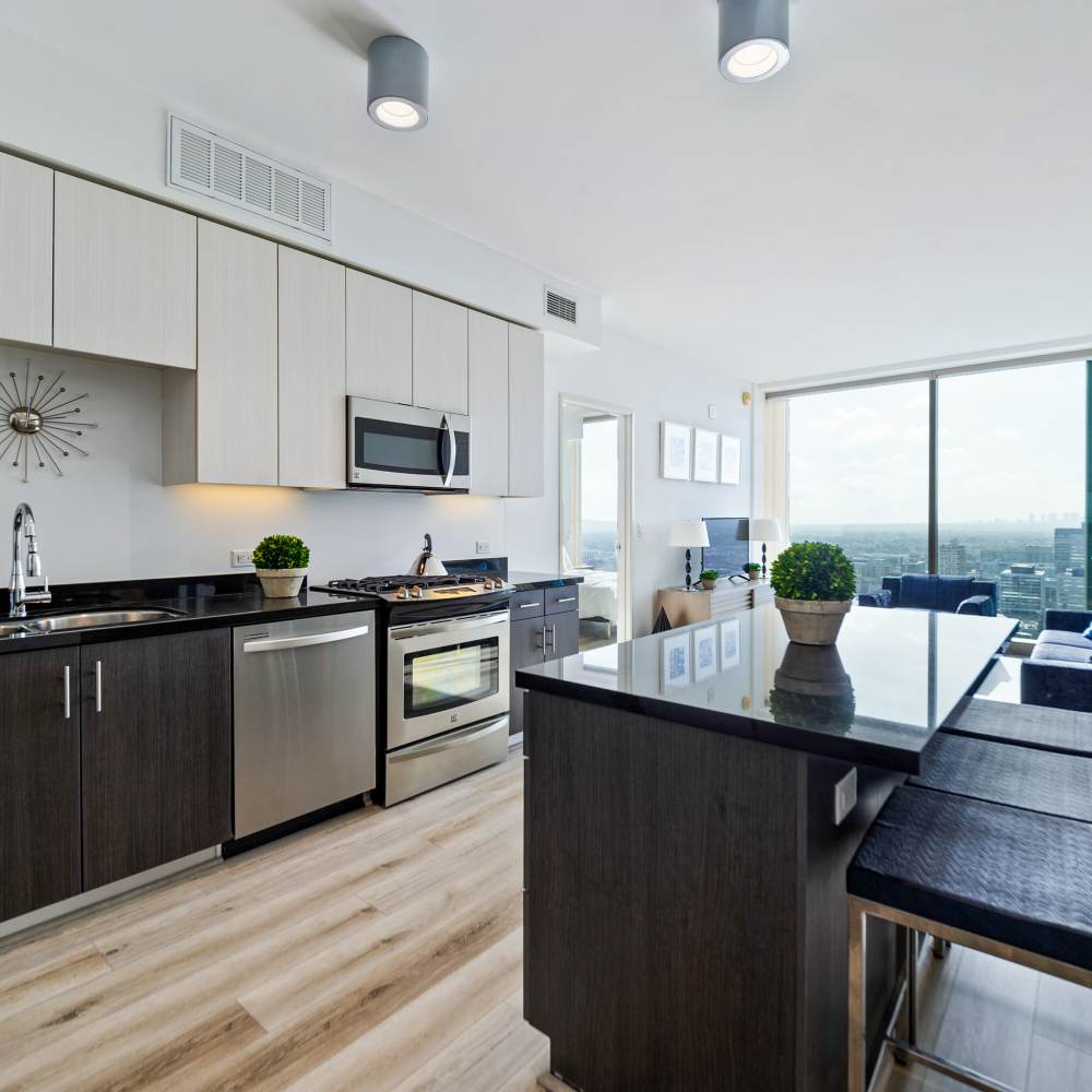 Kitchen with countertop at Apartments in Los Angeles, California