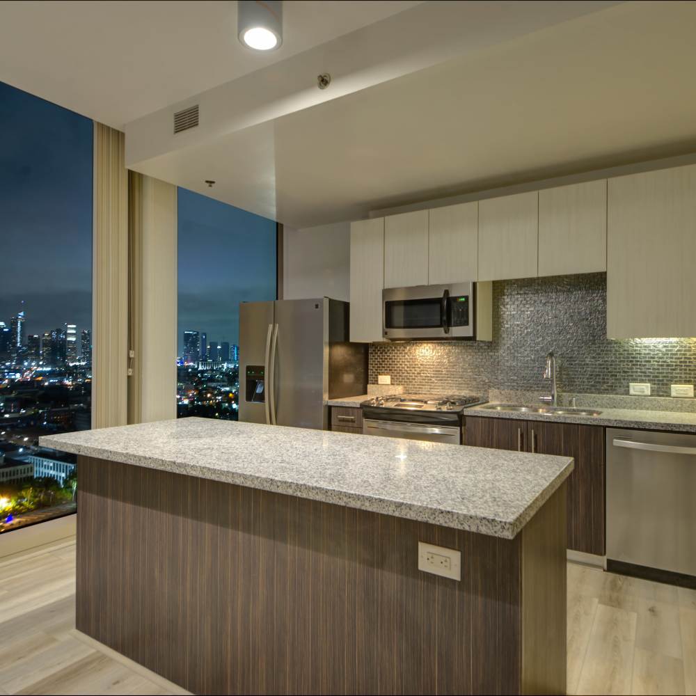 Kitchen with city view at Apartments in Los Angeles, California