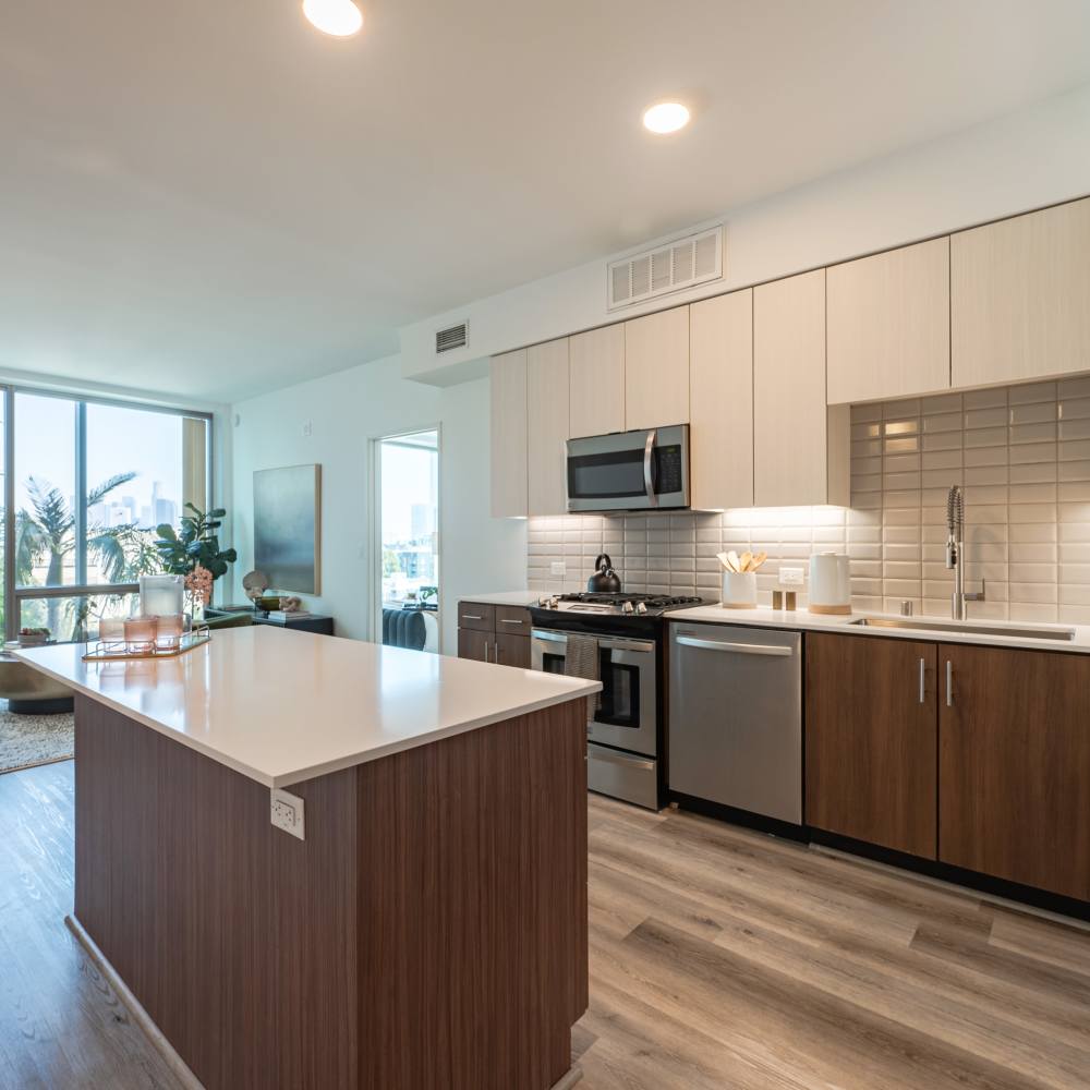 Kitchen with Isle at Apartments in Los Angeles, California