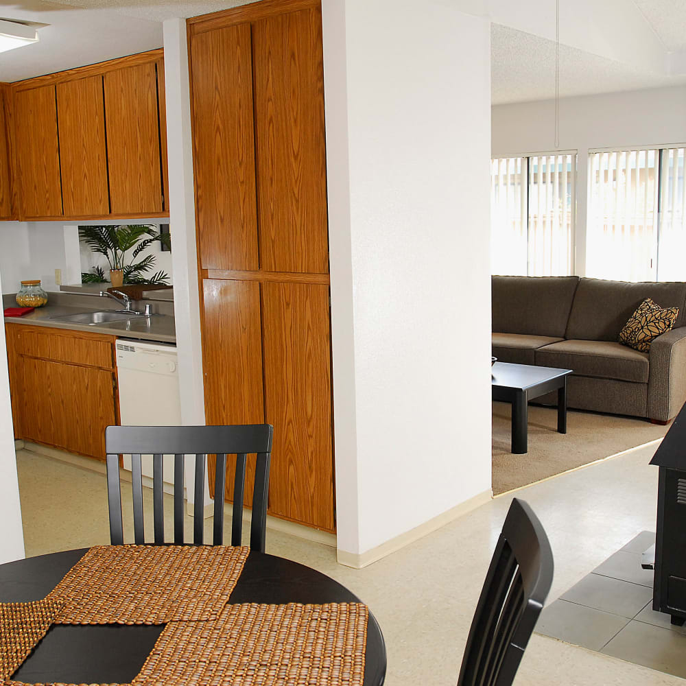 Dining room and kitchen in a 3 bedroom home at Temescal in Davis, California