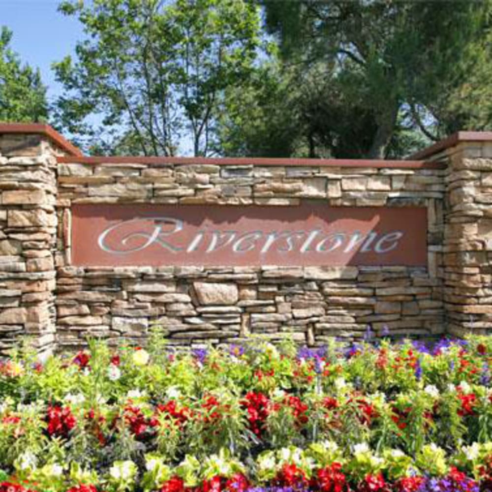 Sign outside of Riverstone Apartments in Sacramento, California