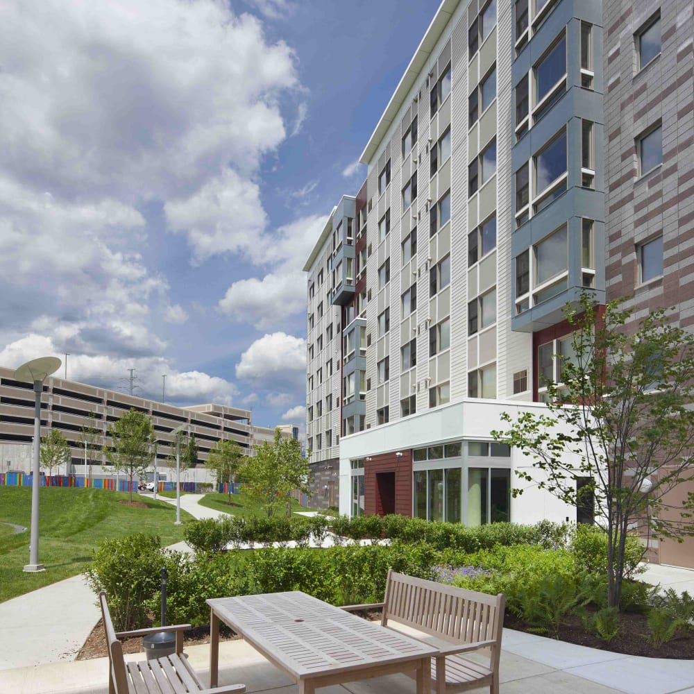 Exterior bench at Metro Green Residences in Stamford, Connecticut