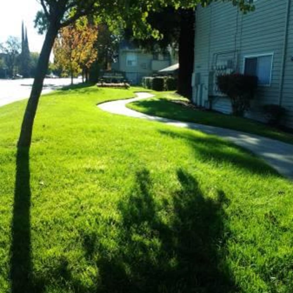 Walking path through Ashley Park Apartments in Stockton, California