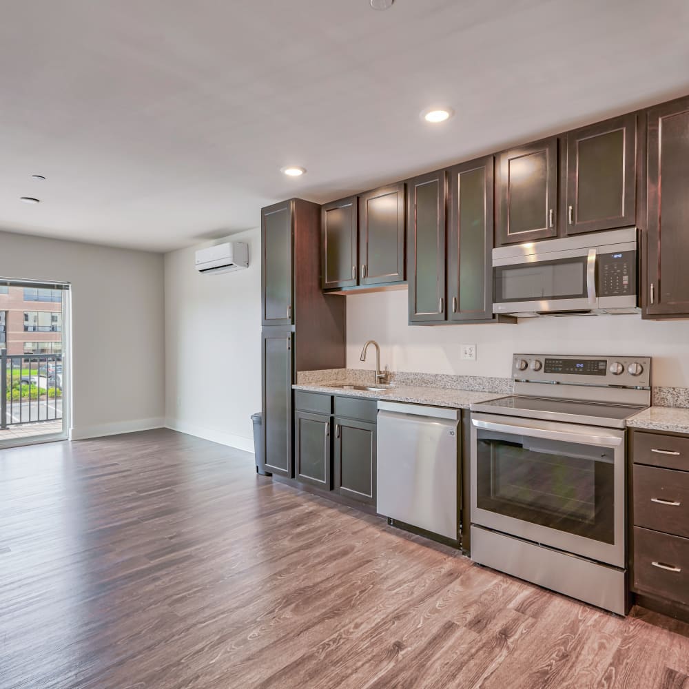 Kitchen counter and appliances at The Docks, New London, Connecticut