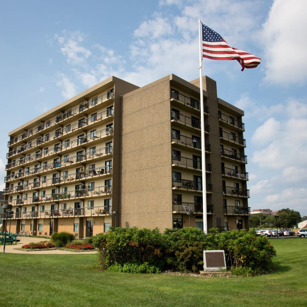 Exterior of an apartment with private patios and balconies at Oceanpointe Towers in Long Branch, New Jersey