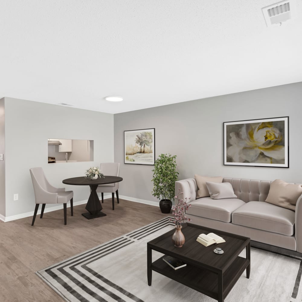 A render of a spacious living room in a model home at The Cordelia in Fort Walton Beach, Florida