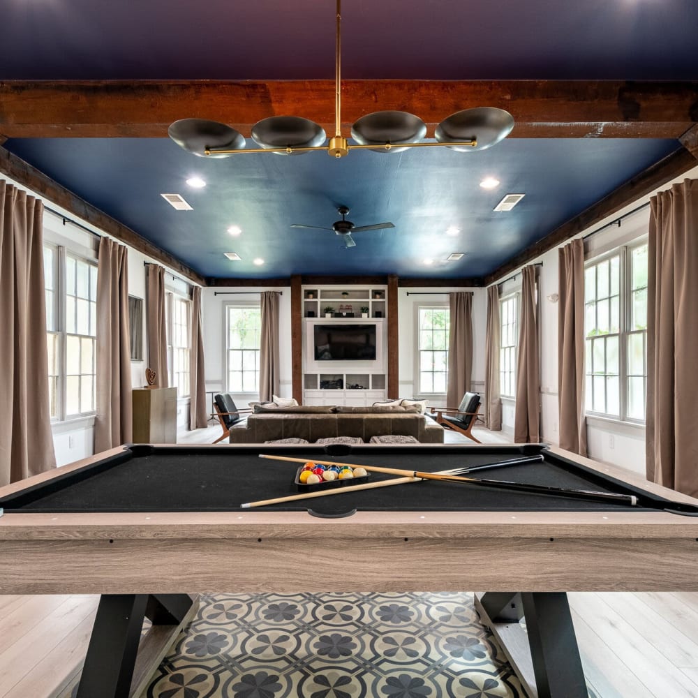 Beautifully crafted clubhouse with billiards table at Mission Ranch in Mesquite, Texas