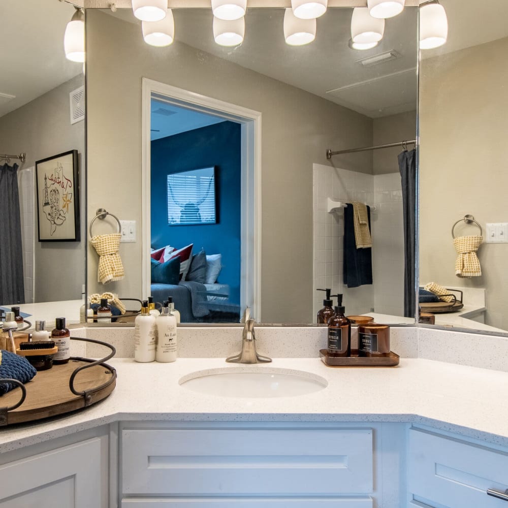 Resident bathroom with great lighting at Mission Ranch in Mesquite, Texas