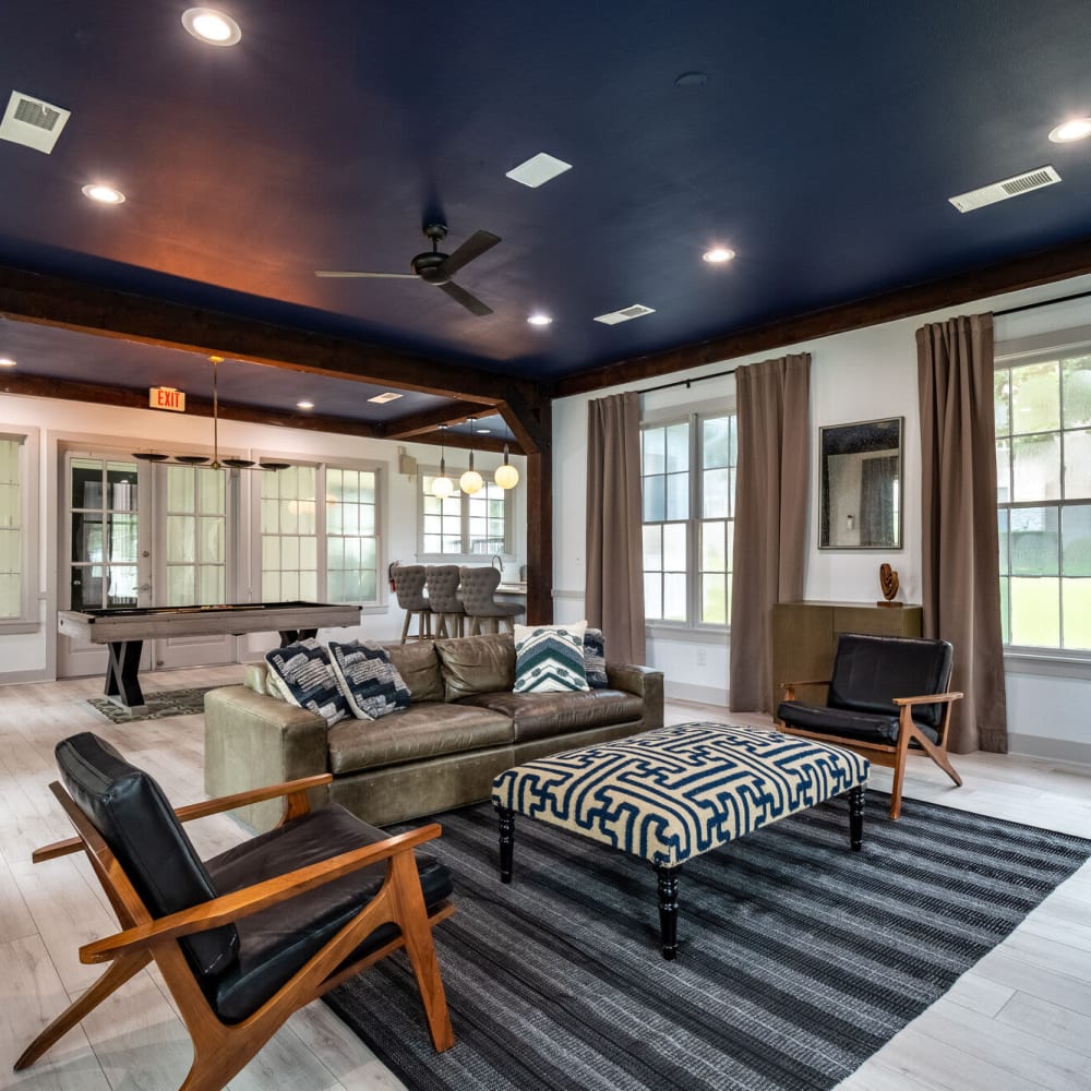 Community gathering space with a ceiling fan at Mission Ranch in Mesquite, Texas